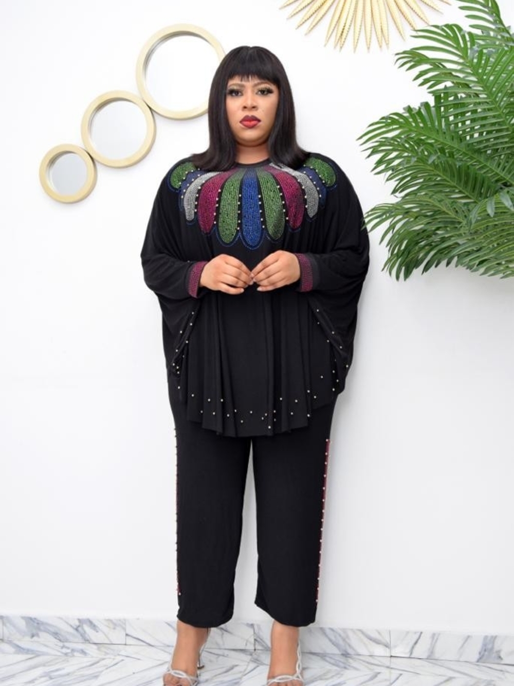 Plus-Size Black Capri Set with Multicolor Embellished Yoke